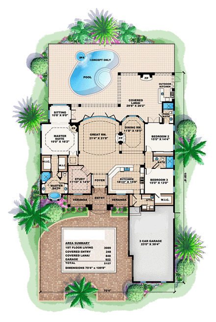 Florida, Mediterranean House Plan 60519 with 3 Beds, 3 Baths, 3 Car Garage First Level Plan