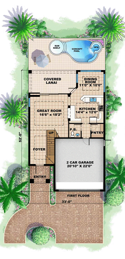 Florida, Mediterranean House Plan 60526 with 2 Beds, 3 Baths, 2 Car Garage First Level Plan