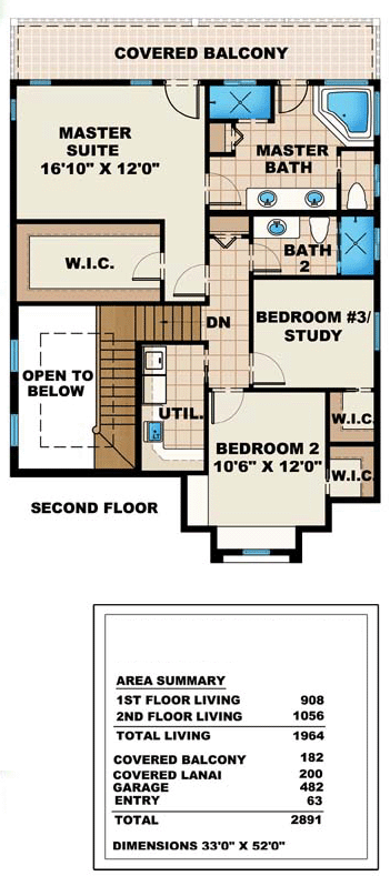 Florida, Mediterranean House Plan 60526 with 2 Beds, 3 Baths, 2 Car Garage Second Level Plan