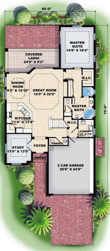 Florida, Mediterranean House Plan 60527 with 3 Beds, 3 Baths, 2 Car Garage First Level Plan
