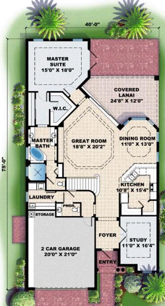 Florida, Mediterranean House Plan 60530 with 3 Beds, 4 Baths, 2 Car Garage First Level Plan