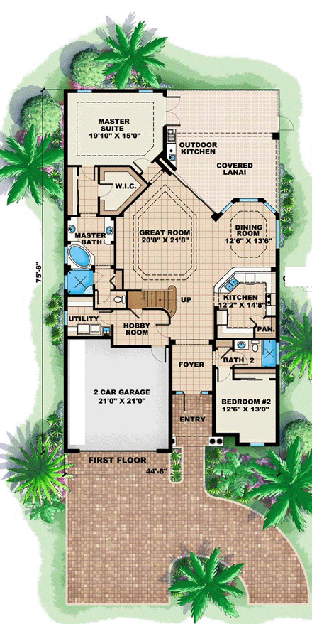 Florida, Mediterranean House Plan 60533 with 4 Beds, 4 Baths, 2 Car Garage First Level Plan