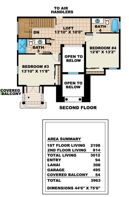 Florida, Mediterranean House Plan 60533 with 4 Beds, 4 Baths, 2 Car Garage Second Level Plan