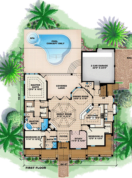 Florida, Mediterranean House Plan 60534 with 4 Beds, 4 Baths, 2 Car Garage First Level Plan