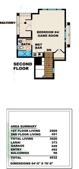 Florida, Mediterranean House Plan 60534 with 4 Beds, 4 Baths, 2 Car Garage Second Level Plan