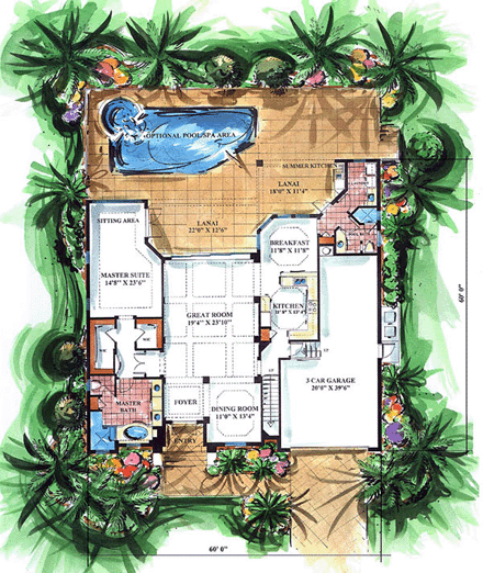 Florida, Mediterranean House Plan 60535 with 3 Beds, 4 Baths, 3 Car Garage First Level Plan