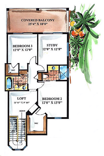 Florida, Mediterranean House Plan 60535 with 3 Beds, 4 Baths, 3 Car Garage Second Level Plan