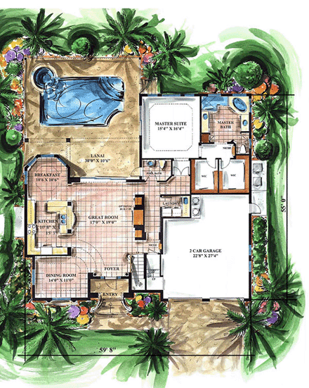 Florida, Mediterranean House Plan 60536 with 4 Beds, 4 Baths, 2 Car Garage First Level Plan
