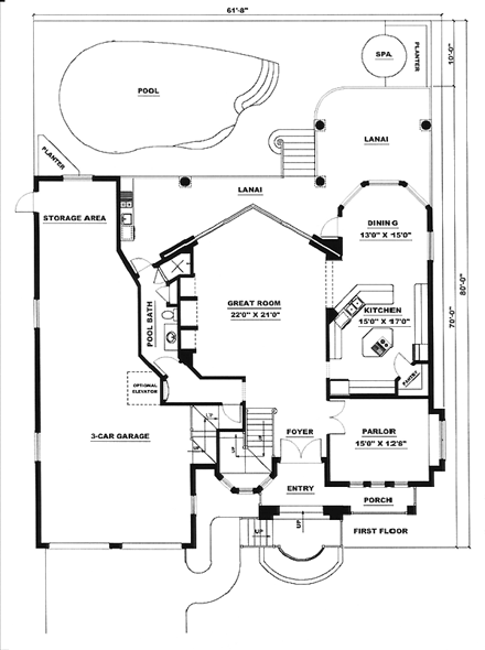 Florida, Mediterranean House Plan 60541 with 4 Beds, 4 Baths, 3 Car Garage First Level Plan