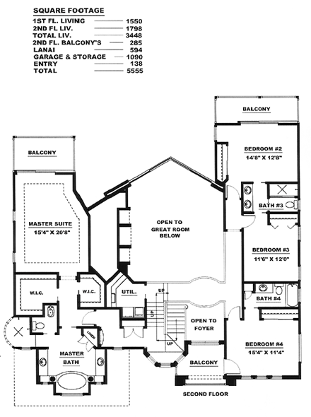 Florida, Mediterranean House Plan 60541 with 4 Beds, 4 Baths, 3 Car Garage Second Level Plan