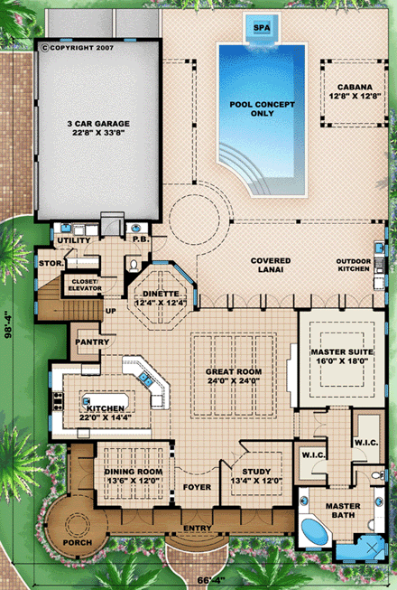 Florida, Mediterranean House Plan 60551 with 4 Beds, 5 Baths, 3 Car Garage First Level Plan