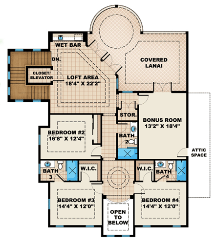 Florida, Mediterranean House Plan 60551 with 4 Beds, 5 Baths, 3 Car Garage Second Level Plan