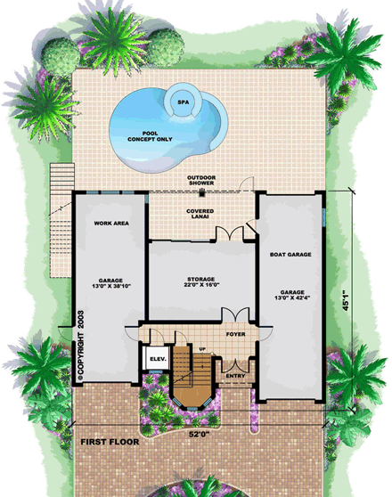 Coastal, Florida, Mediterranean House Plan 60556 with 3 Beds, 3 Baths, 2 Car Garage First Level Plan
