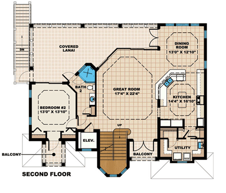 Coastal, Florida, Mediterranean House Plan 60556 with 3 Beds, 3 Baths, 2 Car Garage Second Level Plan
