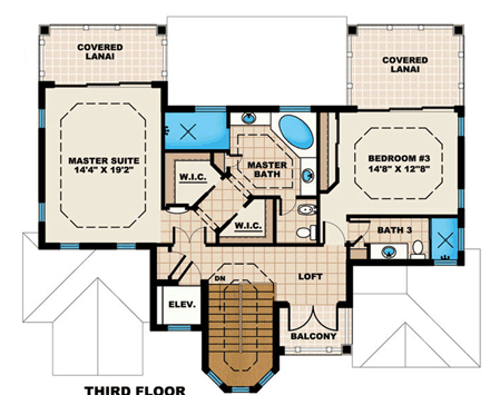 Coastal, Florida, Mediterranean House Plan 60556 with 3 Beds, 3 Baths, 2 Car Garage Third Level Plan