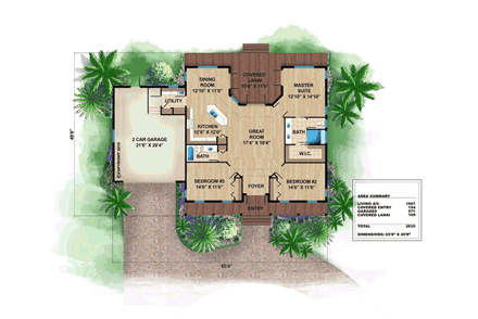 Florida House Plan 60557 with 3 Beds, 2 Baths, 2 Car Garage First Level Plan