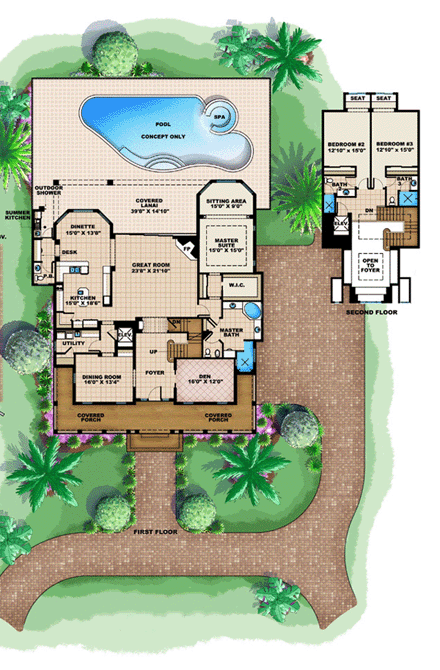 Florida, Mediterranean House Plan 60559 with 3 Beds, 5 Baths, 3 Car Garage First Level Plan