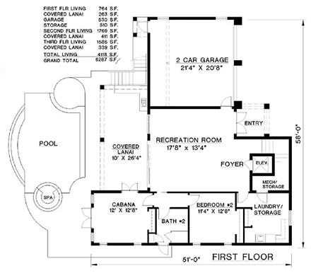 Coastal, Florida House Plan 60560 with 5 Beds, 5 Baths, 2 Car Garage First Level Plan
