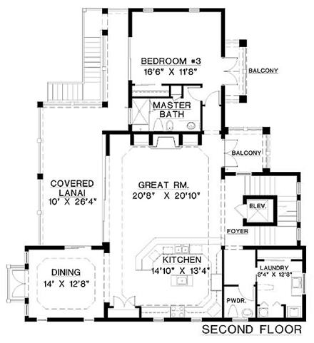 Coastal, Florida House Plan 60560 with 5 Beds, 5 Baths, 2 Car Garage Second Level Plan