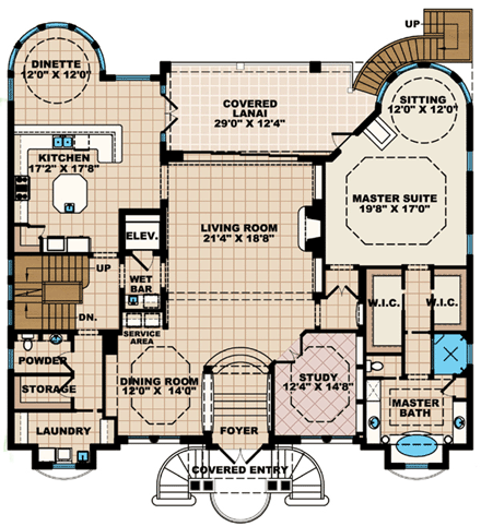 Coastal, Florida, Mediterranean House Plan 60563 with 4 Beds, 6 Baths, 3 Car Garage First Level Plan