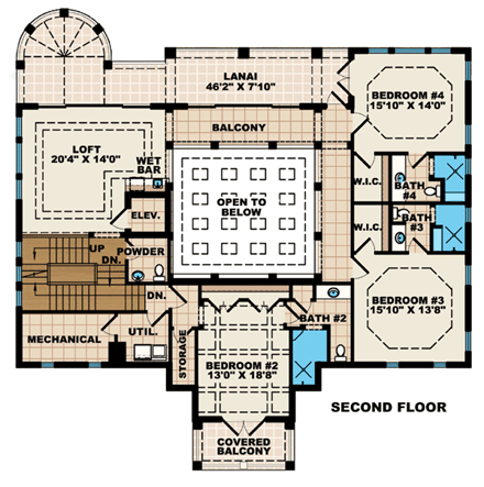 Coastal, Florida, Mediterranean House Plan 60563 with 4 Beds, 6 Baths, 3 Car Garage Second Level Plan