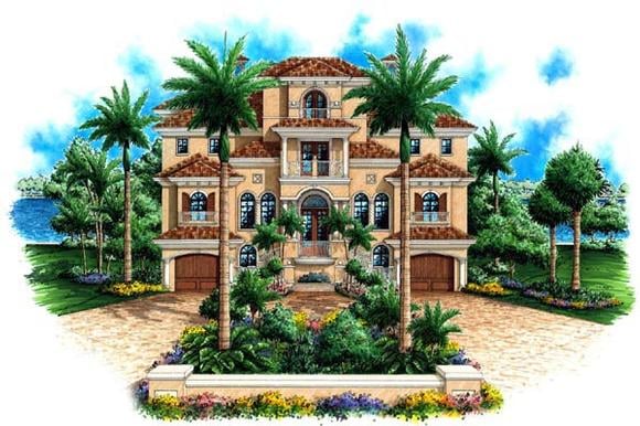 Coastal, Florida, Mediterranean House Plan 60563 with 4 Beds, 6 Baths, 3 Car Garage Elevation
