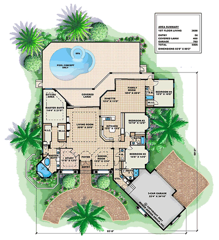 Mediterranean House Plan 60574 with 4 Beds, 5 Baths, 3 Car Garage First Level Plan