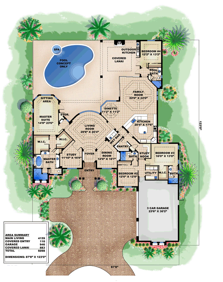 House Plan 60575 - Mediterranean Style with 4159 Sq Ft, 4 Bed, 4