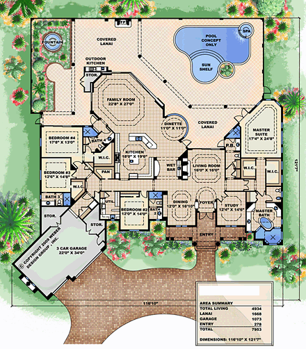Tuscan House Plan 60576 with 4 Beds, 5 Baths, 3 Car Garage First Level Plan