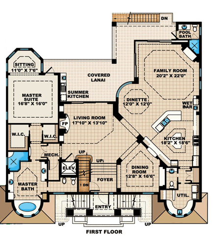 Mediterranean House Plan 60586 with 4 Beds, 6 Baths, 4 Car Garage First Level Plan
