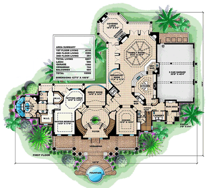 Southern House Plan 60587 with 5 Beds, 7 Baths, 3 Car Garage First Level Plan