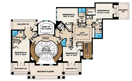 Southern House Plan 60587 with 5 Beds, 7 Baths, 3 Car Garage Second Level Plan