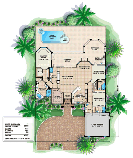 Mediterranean House Plan 60593 with 3 Beds, 6 Baths, 2 Car Garage First Level Plan