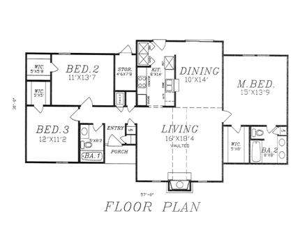 House Plan 60634 with 3 Beds, 2 Baths First Level Plan