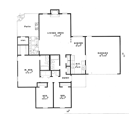 House Plan 60635 with 3 Beds, 2 Baths First Level Plan