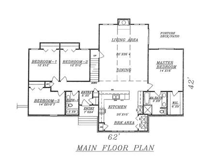 House Plan 60639 with 4 Beds, 2 Baths First Level Plan