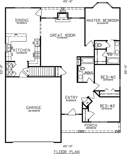 Cottage, Country, One-Story, Traditional House Plan 60666 with 3 Beds, 2 Baths, 2 Car Garage First Level Plan