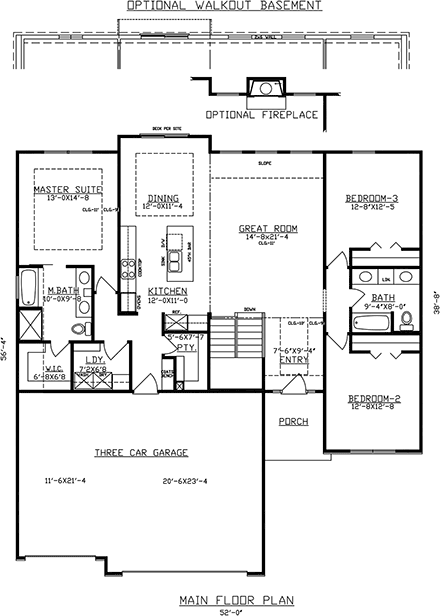 Craftsman, Traditional House Plan 60696 with 3 Beds, 2 Baths, 3 Car Garage First Level Plan