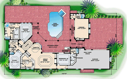 Mediterranean House Plan 60701 with 3 Beds, 4 Baths, 2 Car Garage First Level Plan