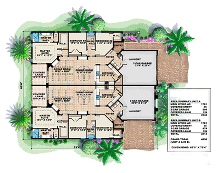 Mediterranean Multi-Family Plan 60702 with 6 Beds, 4 Baths, 4 Car Garage First Level Plan
