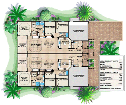 Florida Multi-Family Plan 60703 with 6 Beds, 4 Baths, 4 Car Garage First Level Plan