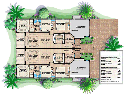 Florida Multi-Family Plan 60704 with 6 Beds, 4 Baths, 4 Car Garage First Level Plan