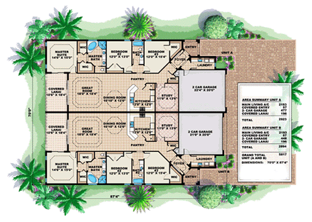 Mediterranean Multi-Family Plan 60705 with 6 Beds, 6 Baths, 4 Car Garage First Level Plan