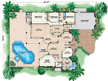Mediterranean House Plan 60709 with 4 Beds, 3 Baths, 2 Car Garage First Level Plan