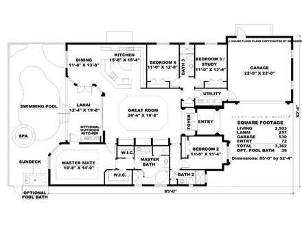 Florida, Mediterranean House Plan 60714 with 4 Beds, 3 Baths, 2 Car Garage First Level Plan