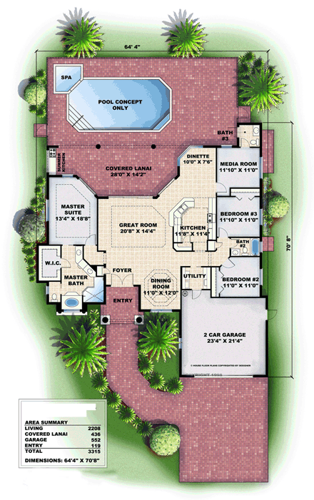 Florida, Mediterranean House Plan 60716 with 3 Beds, 3 Baths, 2 Car Garage First Level Plan