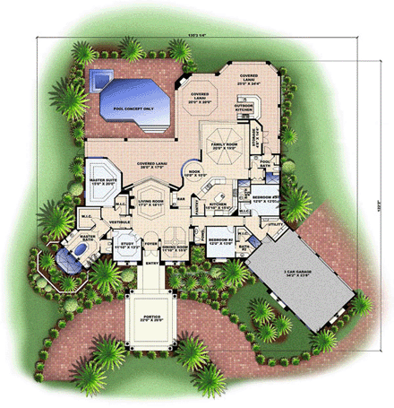 Mediterranean House Plan 60718 with 3 Beds, 5 Baths, 3 Car Garage First Level Plan