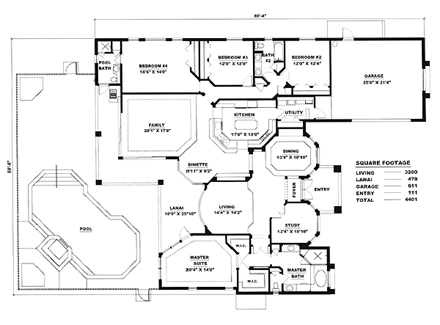 Mediterranean House Plan 60722 with 4 Beds, 3 Baths, 2 Car Garage First Level Plan