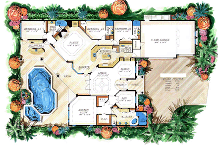 Mediterranean House Plan 60724 with 4 Beds, 4 Baths, 3 Car Garage First Level Plan