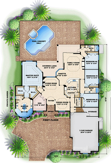 Mediterranean House Plan 60730 with 4 Beds, 4 Baths, 3 Car Garage First Level Plan